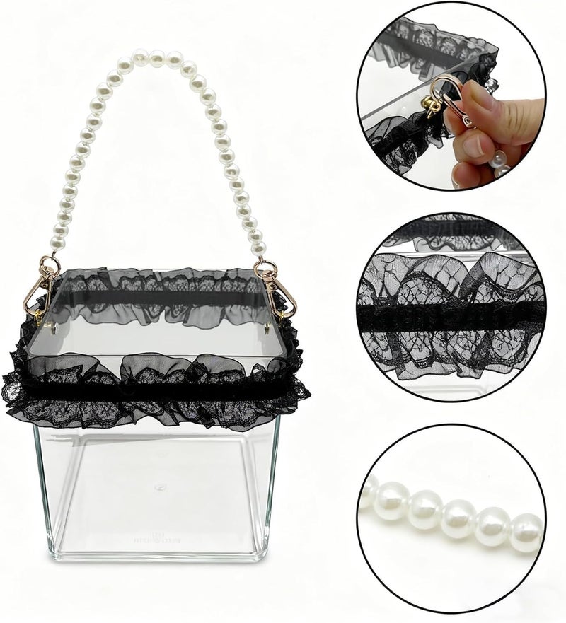 COSLANLEE Wedding Flower Girl Basket Clear with Pearl Handle, Petals Basket with Lace, Decorative Flower Holder Container for Confetti - Image 3